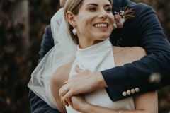 chloe and adam near the end of their newstead vineyards wedding day